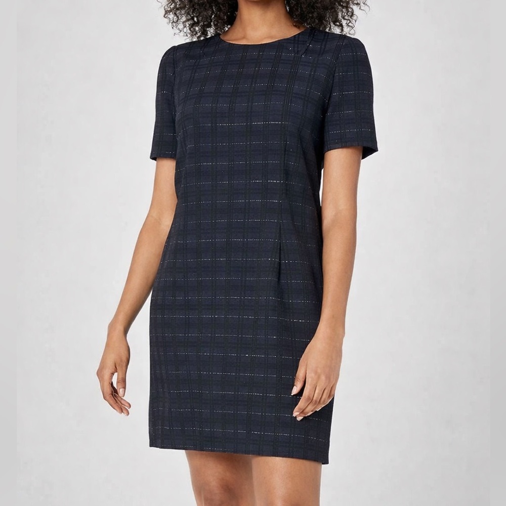 🆕 Tommy Hilfiger Navy Textured Shift Dress Size 8 Gold Thread Plaid Classic Chic